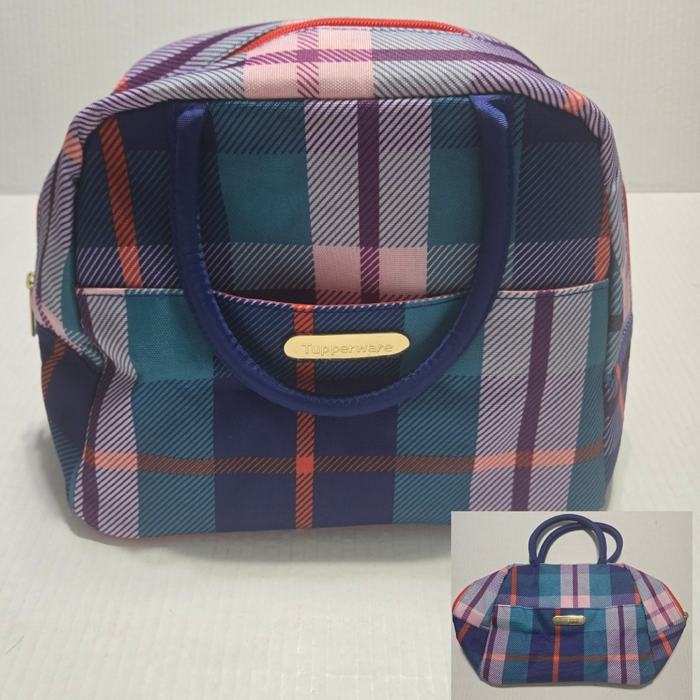Tupperware insulated lunch bag, plaid lunch bag with handles